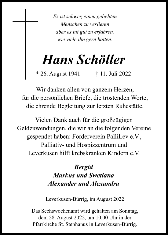 Anzeige von Hans Schöllen von Kölner Stadt-Anzeiger / Kölnische Rundschau / Express