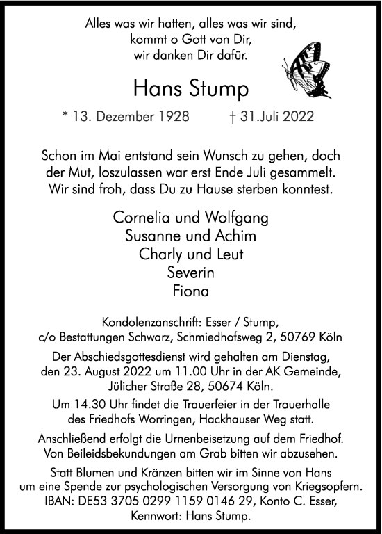 Anzeige von Hans Stump von Kölner Stadt-Anzeiger / Kölnische Rundschau / Express