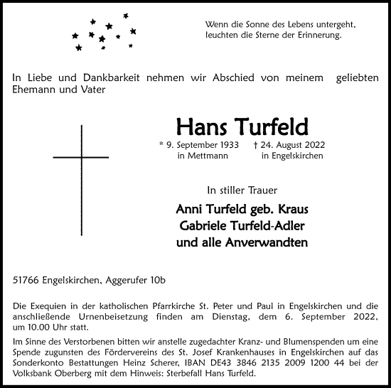 Anzeige von Hans Turfeld von Kölner Stadt-Anzeiger / Kölnische Rundschau / Express