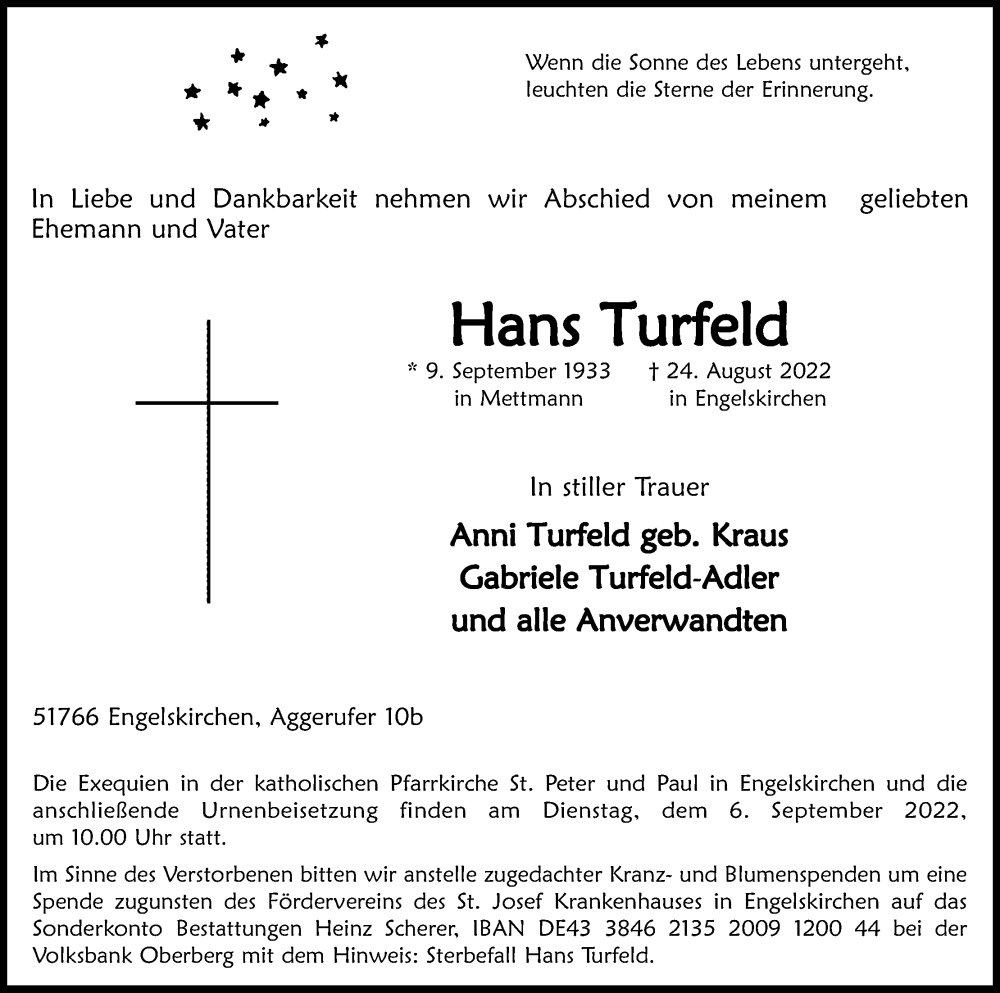  Traueranzeige für Hans Turfeld vom 27.08.2022 aus Kölner Stadt-Anzeiger / Kölnische Rundschau / Express