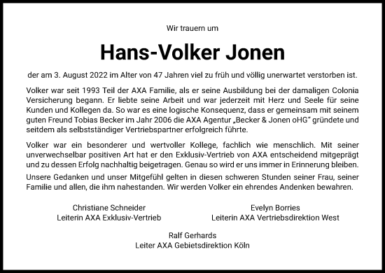 Anzeige von Hans-Volker Jonen von Kölner Stadt-Anzeiger / Kölnische Rundschau / Express