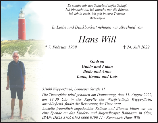 Anzeige von Hans Will von Kölner Stadt-Anzeiger / Kölnische Rundschau / Express