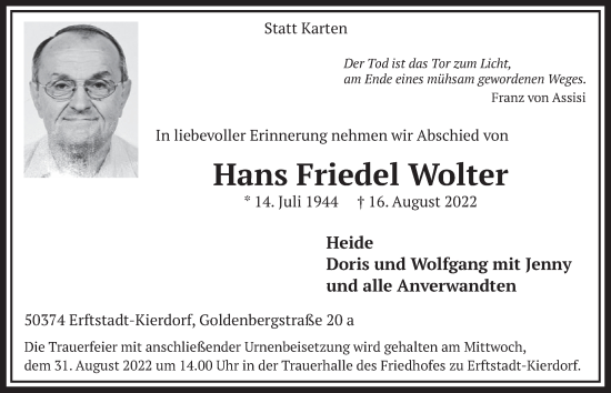 Anzeige von Hans Friedel Wolter von  Werbepost 