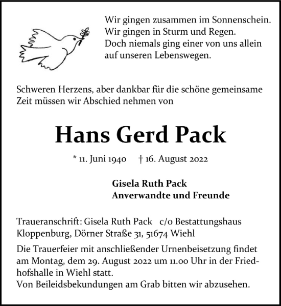 Anzeige von Hans Gerd Pack von  Anzeigen Echo 