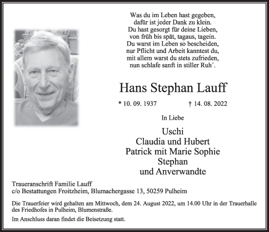 Anzeige von Hans Stephan Lauff von  Wochenende 