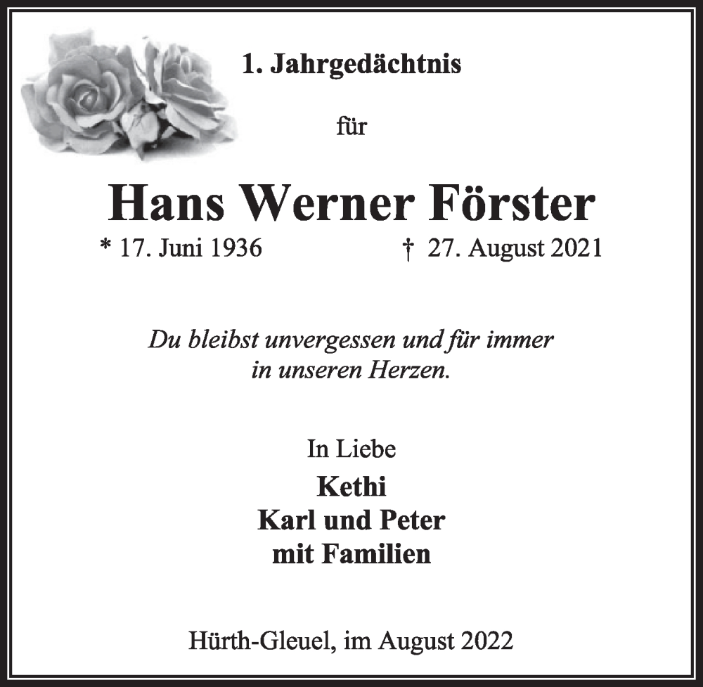  Traueranzeige für Hans Werner Förster vom 26.08.2022 aus  Wochenende 