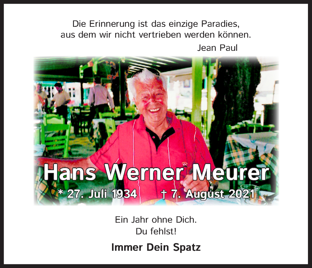  Traueranzeige für Hans Werner Meurer vom 06.08.2022 aus Kölner Stadt-Anzeiger / Kölnische Rundschau / Express