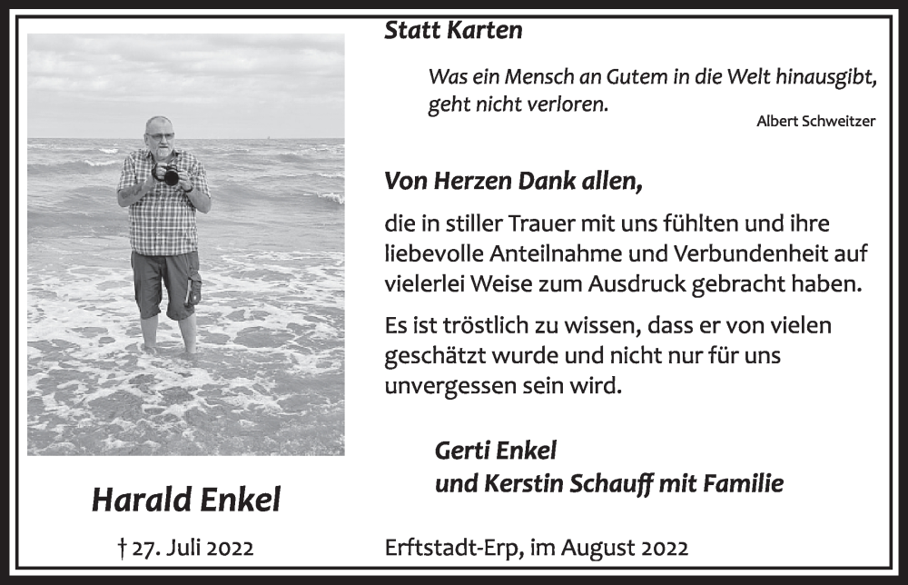  Traueranzeige für Harald Enkel vom 26.08.2022 aus  Werbepost 