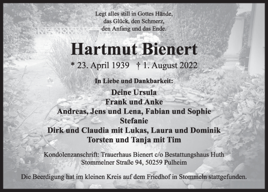Anzeige von Hartmut Bienert von  Wochenende 