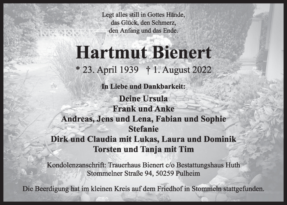  Traueranzeige für Hartmut Bienert vom 19.08.2022 aus  Wochenende 