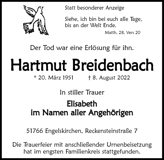 Anzeige von Hartmut Breidenbach von  Anzeigen Echo 