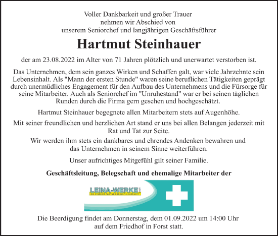 Anzeige von Hartmut Steinhauer von Kölner Stadt-Anzeiger / Kölnische Rundschau / Express