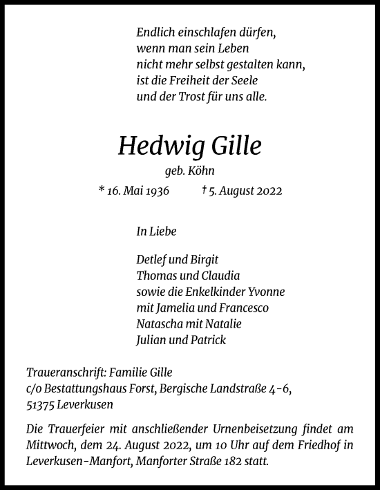 Anzeige von Hedwig Gille von Kölner Stadt-Anzeiger / Kölnische Rundschau / Express