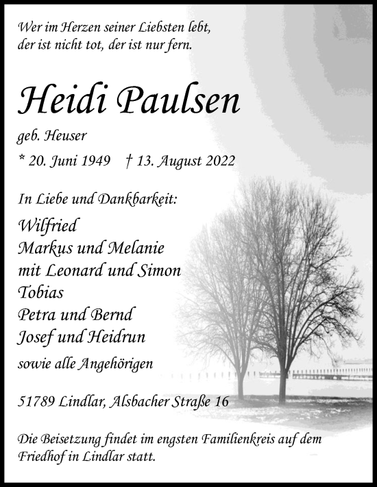 Anzeige von Heidi Paulsen von Kölner Stadt-Anzeiger / Kölnische Rundschau / Express