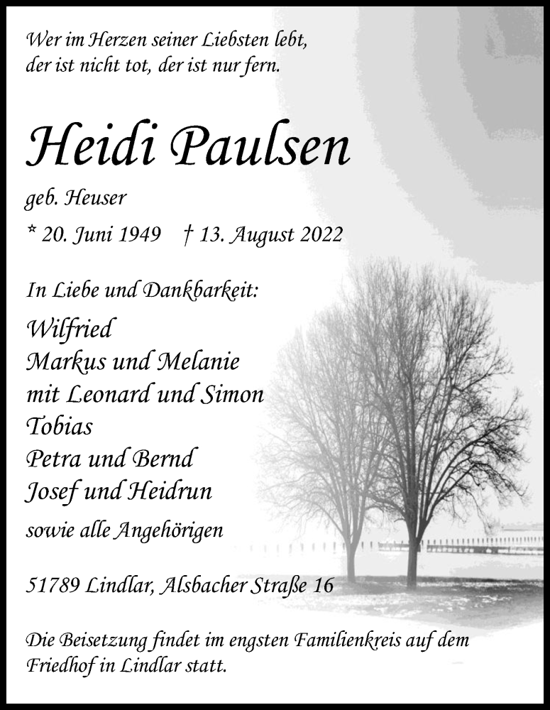  Traueranzeige für Heidi Paulsen vom 20.08.2022 aus Kölner Stadt-Anzeiger / Kölnische Rundschau / Express