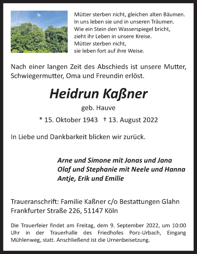  Traueranzeige für Heidrun Kaßner vom 20.08.2022 aus Kölner Stadt-Anzeiger / Kölnische Rundschau / Express