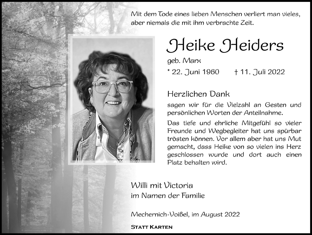  Traueranzeige für Heike Heiders vom 13.08.2022 aus  Blickpunkt Euskirchen 