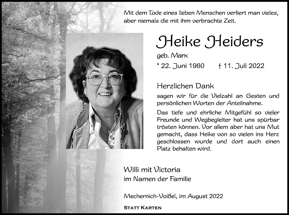  Traueranzeige für Heike Heiders vom 13.08.2022 aus Kölner Stadt-Anzeiger / Kölnische Rundschau / Express