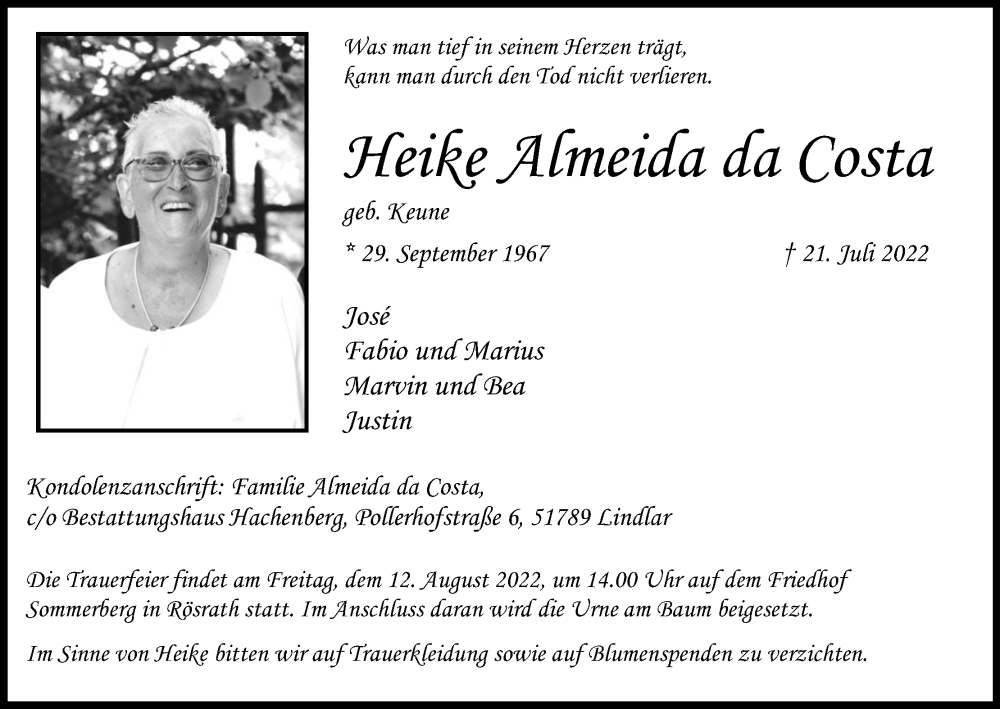  Traueranzeige für Heike Almeida da Costa vom 06.08.2022 aus Kölner Stadt-Anzeiger / Kölnische Rundschau / Express
