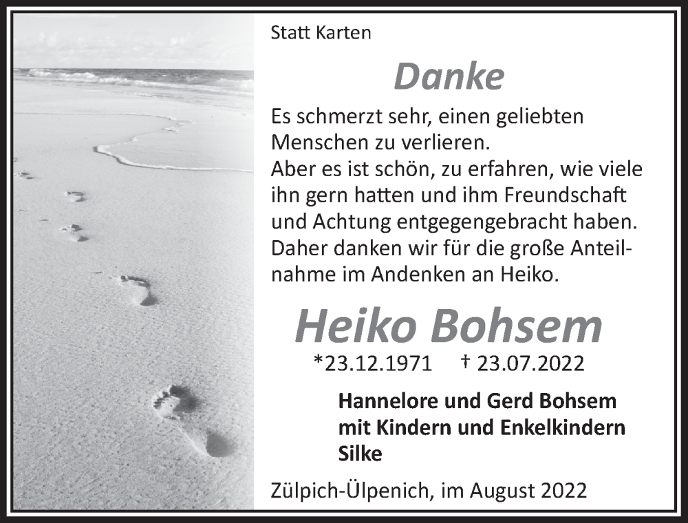  Traueranzeige für Heiko Bohsem vom 27.08.2022 aus  Blickpunkt Euskirchen 