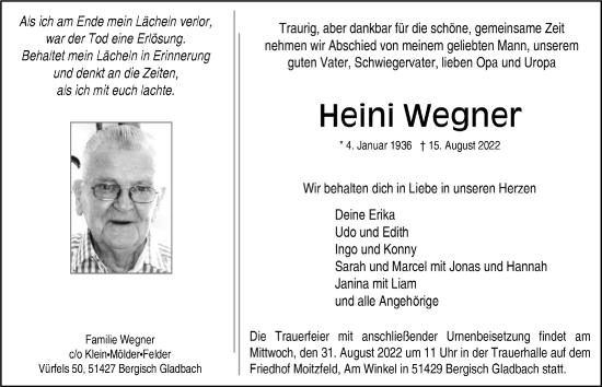 Anzeige von Heini Wegner von  Bergisches Handelsblatt 