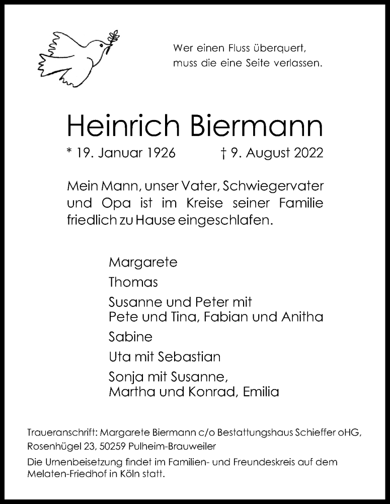  Traueranzeige für Heinrich Biermann vom 20.08.2022 aus Kölner Stadt-Anzeiger / Kölnische Rundschau / Express