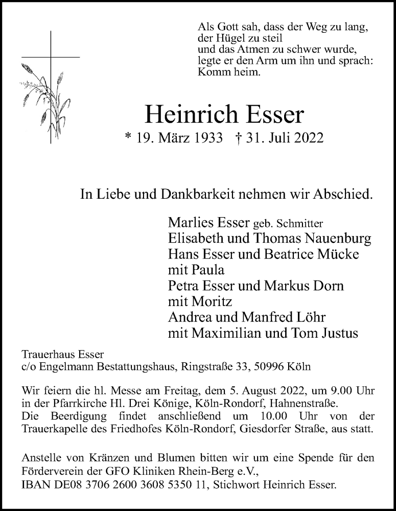  Traueranzeige für Heinrich Esser vom 03.08.2022 aus Kölner Stadt-Anzeiger / Kölnische Rundschau / Express
