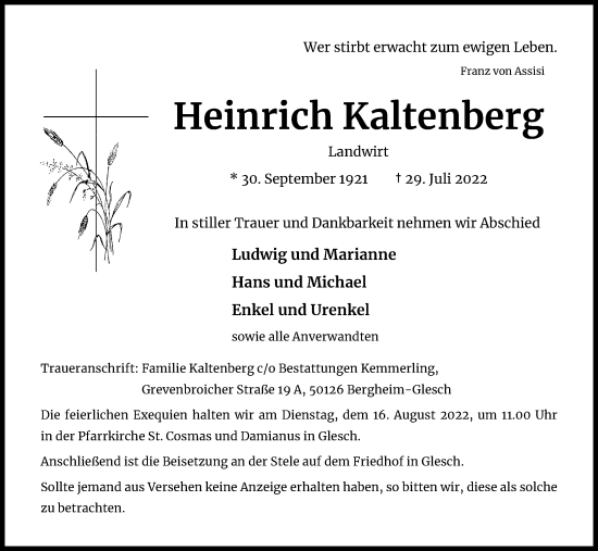 Anzeige von Heinrich Kaltenberg von Kölner Stadt-Anzeiger / Kölnische Rundschau / Express
