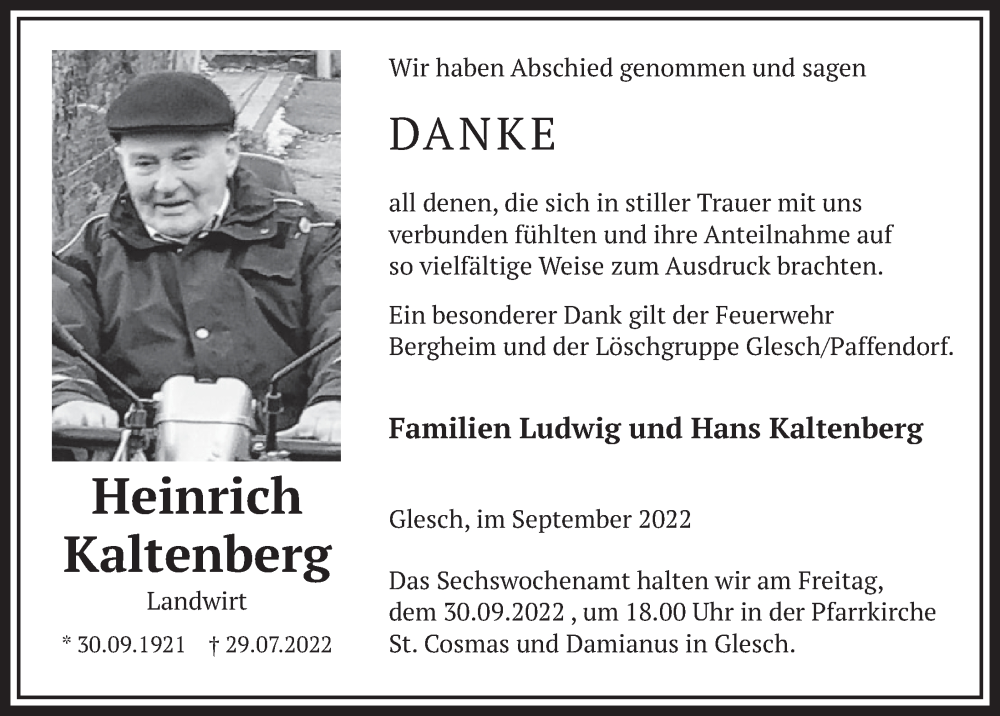  Traueranzeige für Heinrich Kaltenberg vom 26.08.2022 aus  Werbepost 