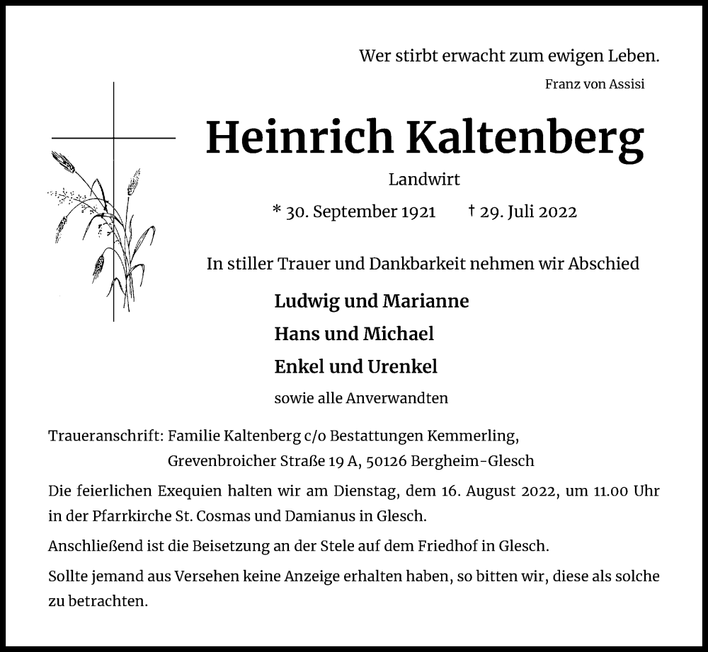  Traueranzeige für Heinrich Kaltenberg vom 13.08.2022 aus Kölner Stadt-Anzeiger / Kölnische Rundschau / Express