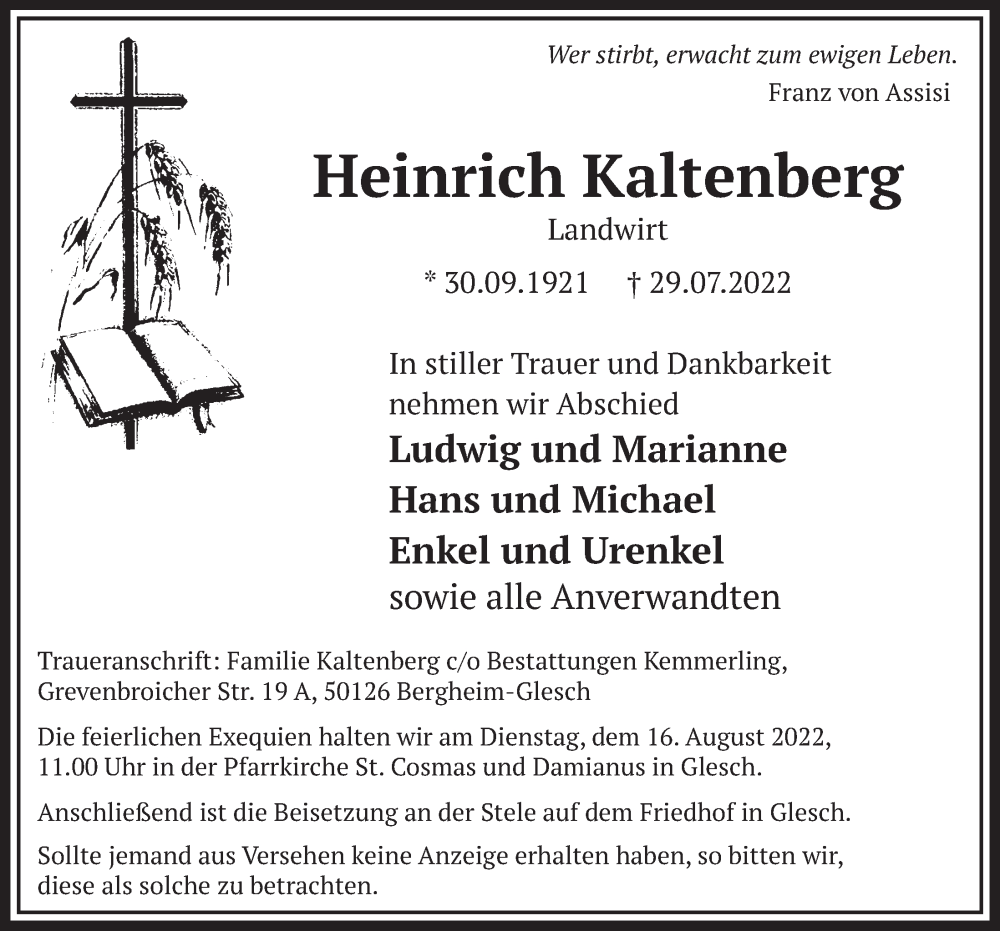  Traueranzeige für Heinrich Kaltenberg vom 12.08.2022 aus  Werbepost 
