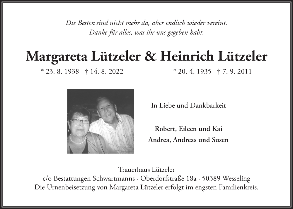  Traueranzeige für Heinrich Lützeler vom 26.08.2022 aus  Schlossbote/Werbekurier 