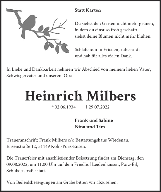 Anzeige von Heinrich Milbers von  EXPRESS - Die Woche 