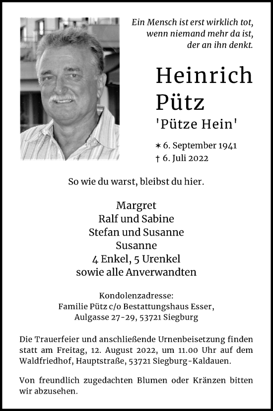 Anzeige von Heinrich Pütz von Kölner Stadt-Anzeiger / Kölnische Rundschau / Express