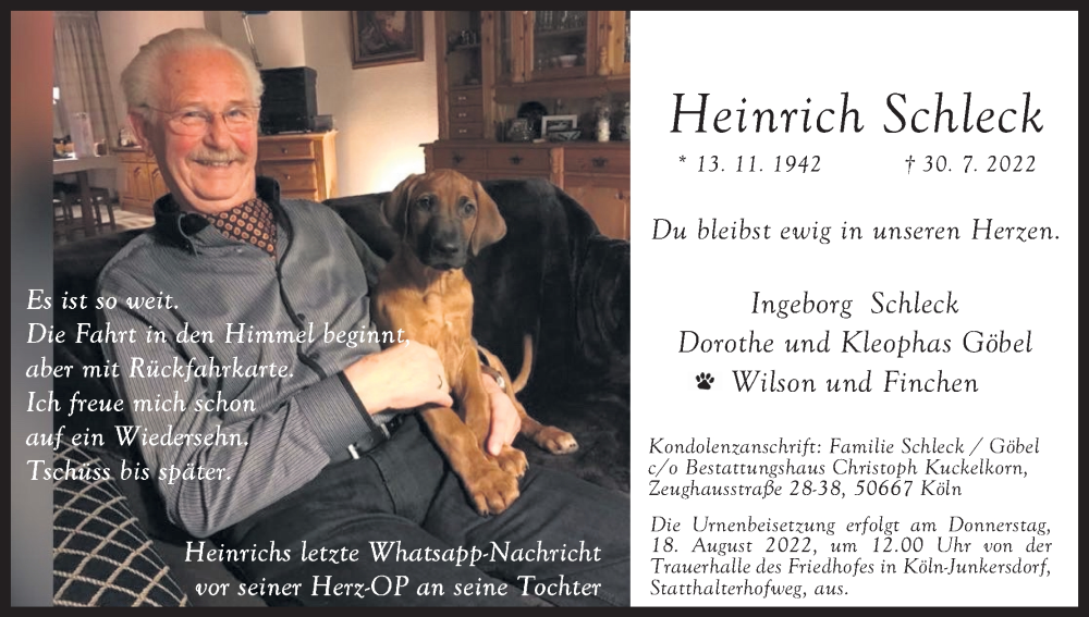  Traueranzeige für Heinrich Schleck vom 06.08.2022 aus Kölner Stadt-Anzeiger / Kölnische Rundschau / Express