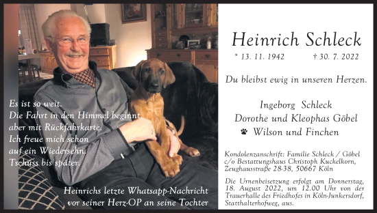 Anzeige von Heinrich Schleck von Kölner Stadt-Anzeiger / Kölnische Rundschau / Express