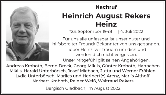Anzeige von Heinrich August Rekers Heinz von  Bergisches Handelsblatt 