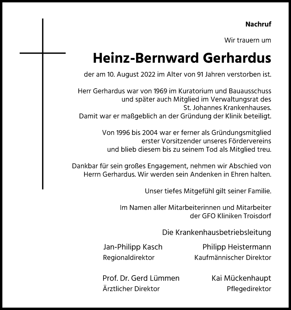  Traueranzeige für Heinz-Bernward Gerhardus vom 27.08.2022 aus Kölner Stadt-Anzeiger / Kölnische Rundschau / Express