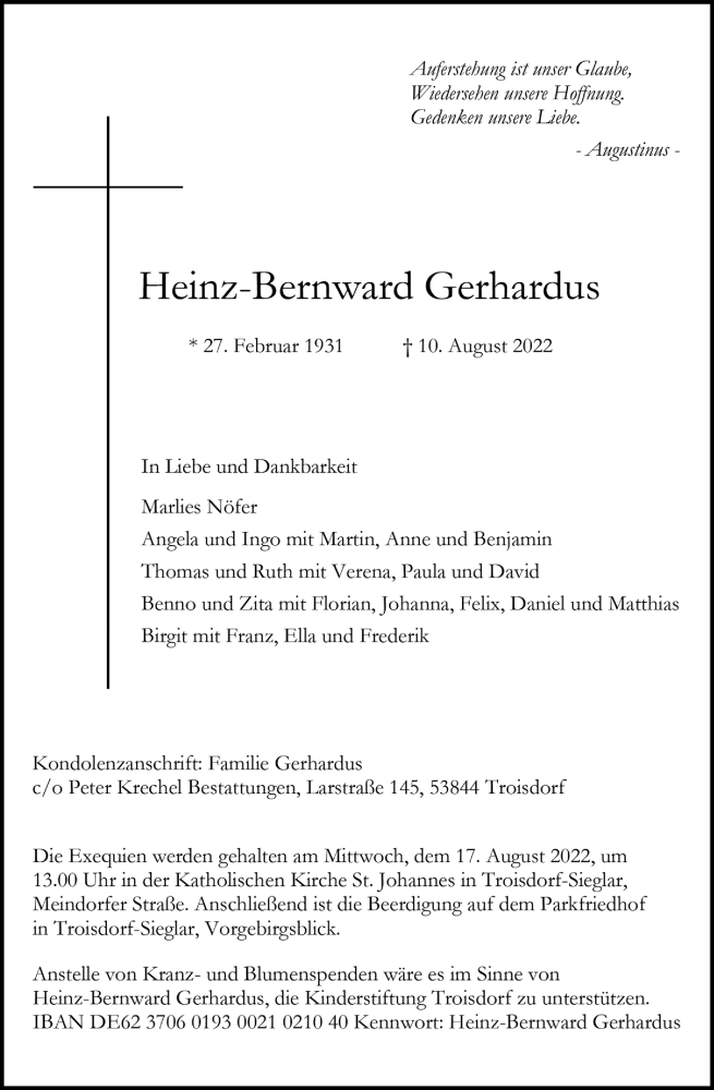  Traueranzeige für Heinz-Bernward Gerhardus vom 13.08.2022 aus Kölner Stadt-Anzeiger / Kölnische Rundschau / Express