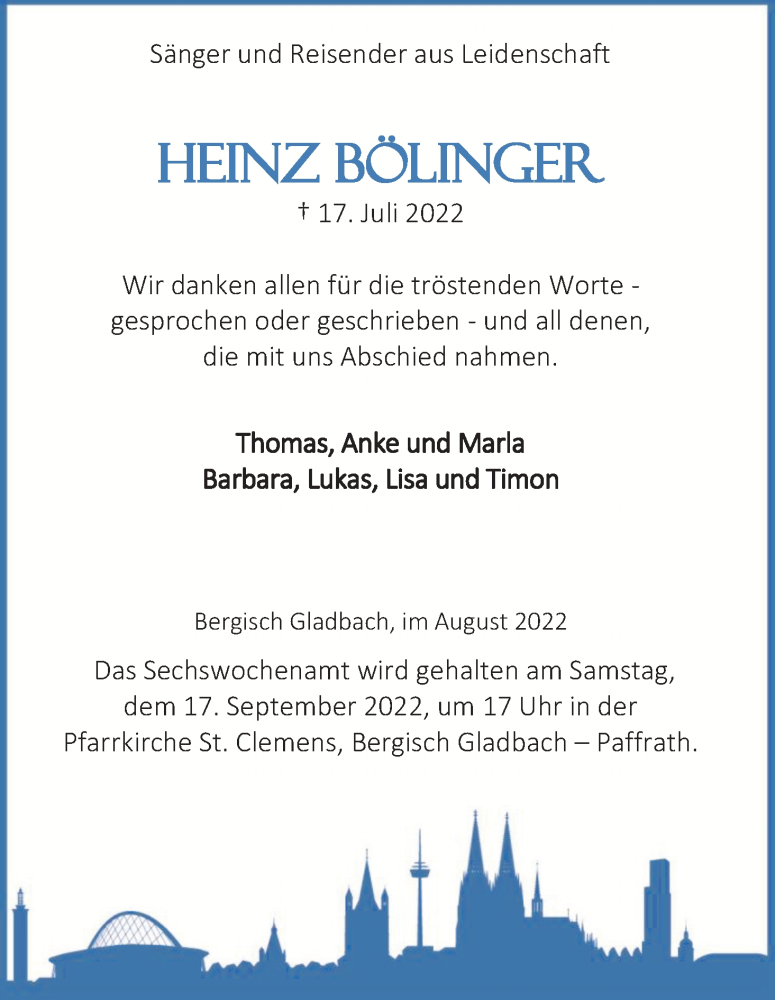  Traueranzeige für Heinz Bölinger vom 27.08.2022 aus Kölner Stadt-Anzeiger / Kölnische Rundschau / Express