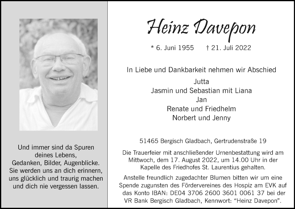  Traueranzeige für Heinz Davepon vom 13.08.2022 aus Kölner Stadt-Anzeiger / Kölnische Rundschau / Express