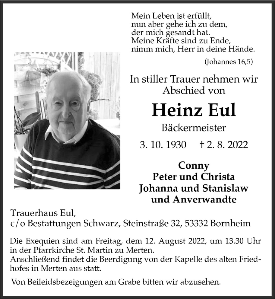  Traueranzeige für Heinz Eul vom 05.08.2022 aus  Schaufenster/Blickpunkt 
