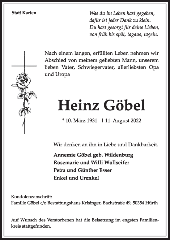 Anzeige von Heinz Göbel von  Wochenende 