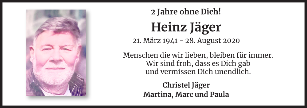  Traueranzeige für Heinz Jäger vom 27.08.2022 aus Kölner Stadt-Anzeiger / Kölnische Rundschau / Express