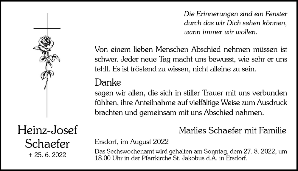  Traueranzeige für Heinz-Josef Schaefer vom 05.08.2022 aus  Schaufenster/Blickpunkt 