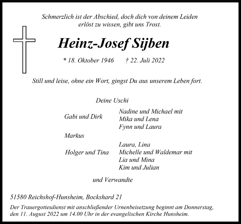  Traueranzeige für Heinz-Josef Sijben vom 05.08.2022 aus  Anzeigen Echo 