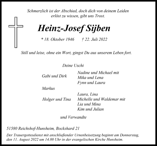 Anzeige von Heinz-Josef Sijben von  Anzeigen Echo 