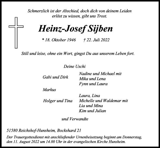 Anzeige von Heinz-Josef Sijben von Kölner Stadt-Anzeiger / Kölnische Rundschau / Express