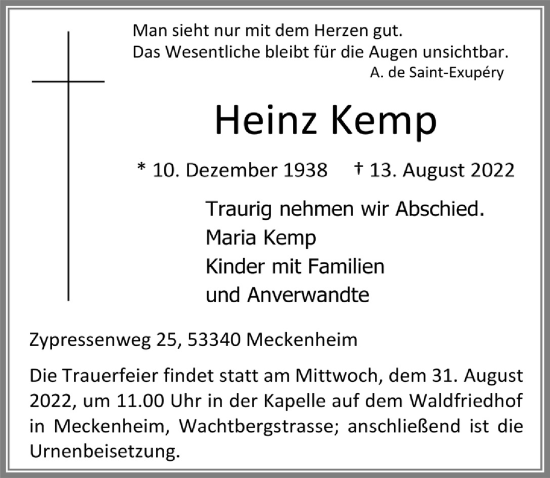 Anzeige von Heinz Kemp von  Schaufenster/Blickpunkt 