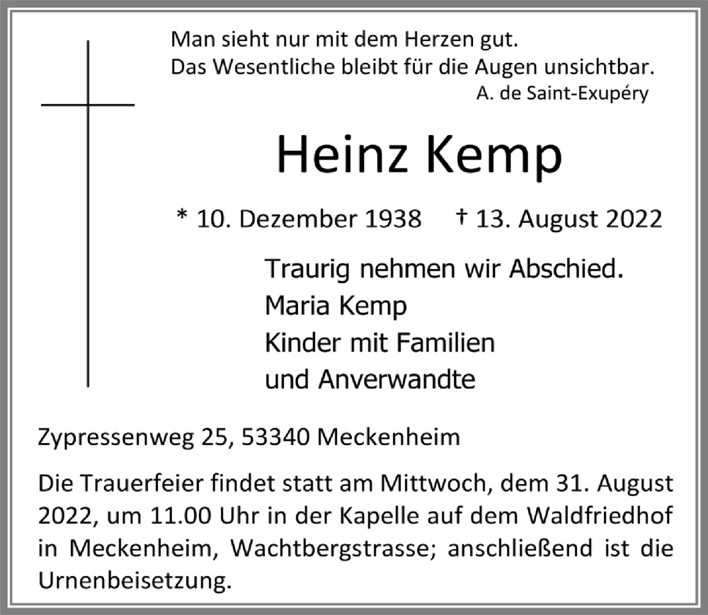  Traueranzeige für Heinz Kemp vom 26.08.2022 aus  Schaufenster/Blickpunkt 